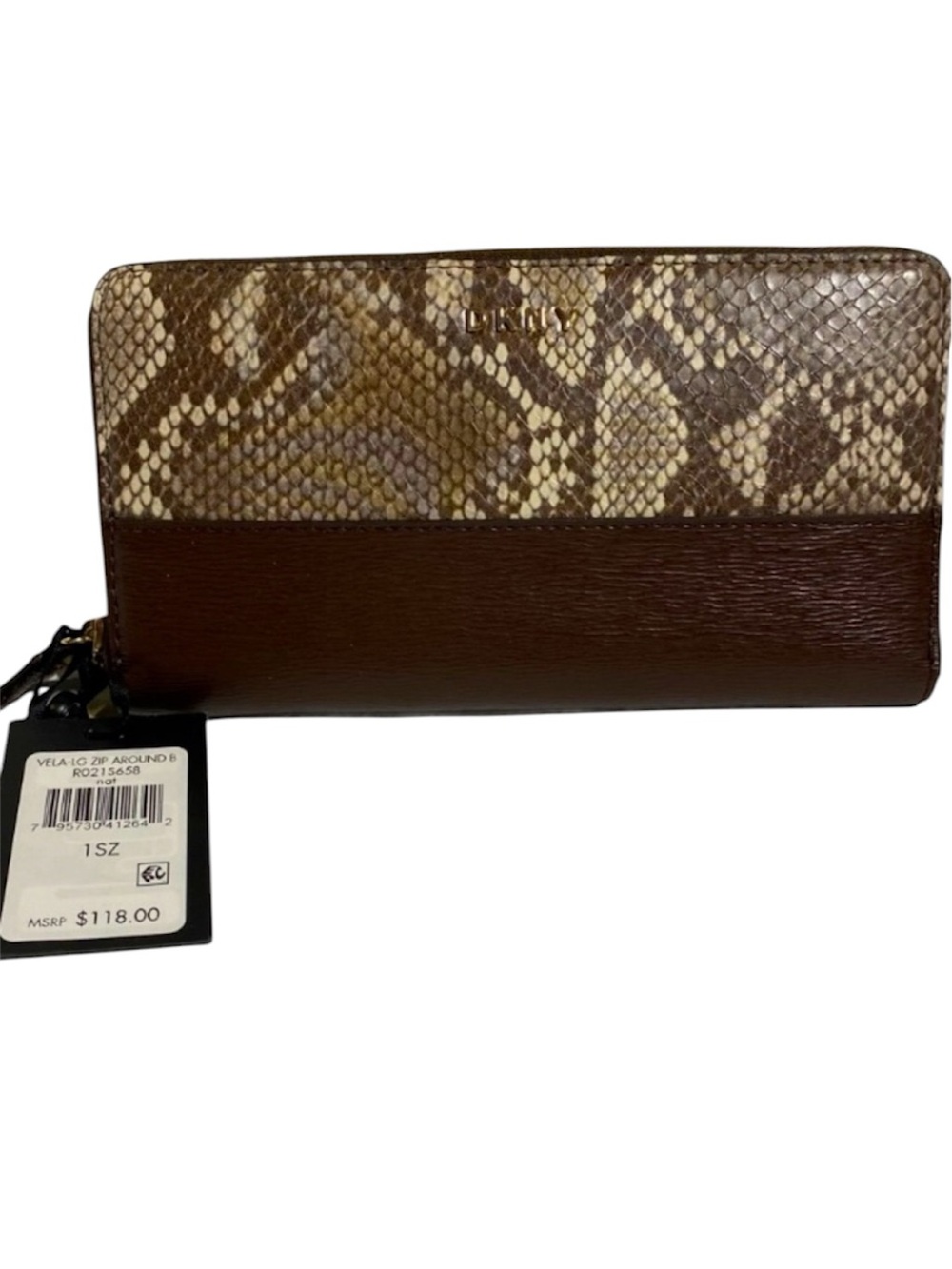 DKNY Wallet Large Zip Around Wallet Faux Leather Brown Natural Snake Print